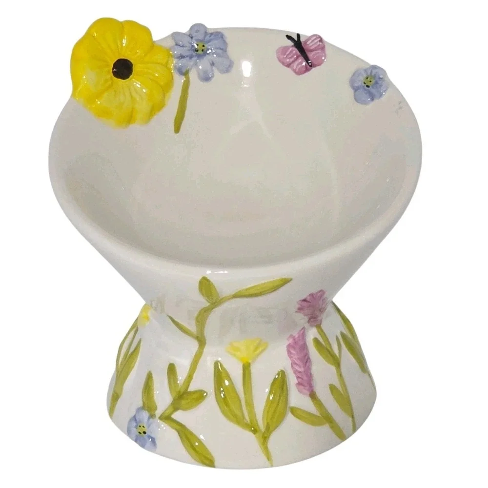 Mellow & Mod Raised Ceramic Cat Food And Water Bowl Floral Embossed Hand Painted